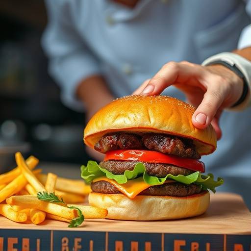 Close-up of a chef preparing a gourmet burger in a visually appetizing commercial for 'Burger Bliss'.