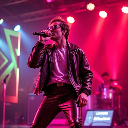 Dynamic scene from a music video featuring a pop artist performing on a neon-lit stage.