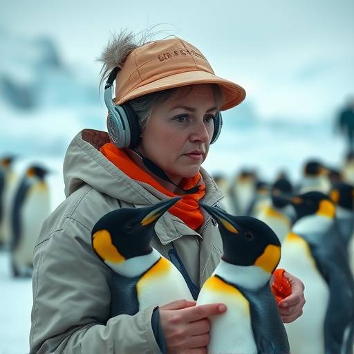 Image of a wildlife researcher studying penguins in Antarctica, used in a documentary about climate change.