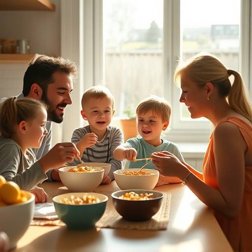 Shot of a family enjoying 'Sunrise Cereal' in a vibrant and sunny kitchen, used in a commercial.